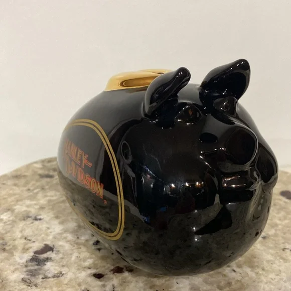 Vintage 2002 Harley Davidson High Shine Black Gold Road Hog Ceramic Piggy Bank - Picture 10 of 14